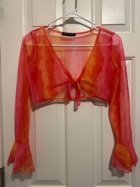 One By One Pink & Orange Tie-Front Mesh Crop Blouse